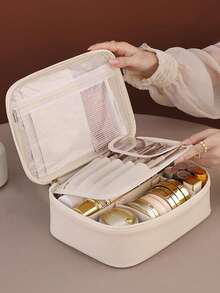 大容量防水旅行化妆包，便携式化妆品收纳包，带可拆卸隔层，整齐收纳化妆品，小巧手持化妆盒，旅行洗漱用品收纳包，必备礼品，拉链配件，美甲，旅行必备，旅行，情人节，房间装饰，钱包必备，女士化妆包，钱包必备物品，邮轮必备，设计师手提包，基础款，梳妆台必备，房间，可爱化妆包 - 米色 - 查看 2