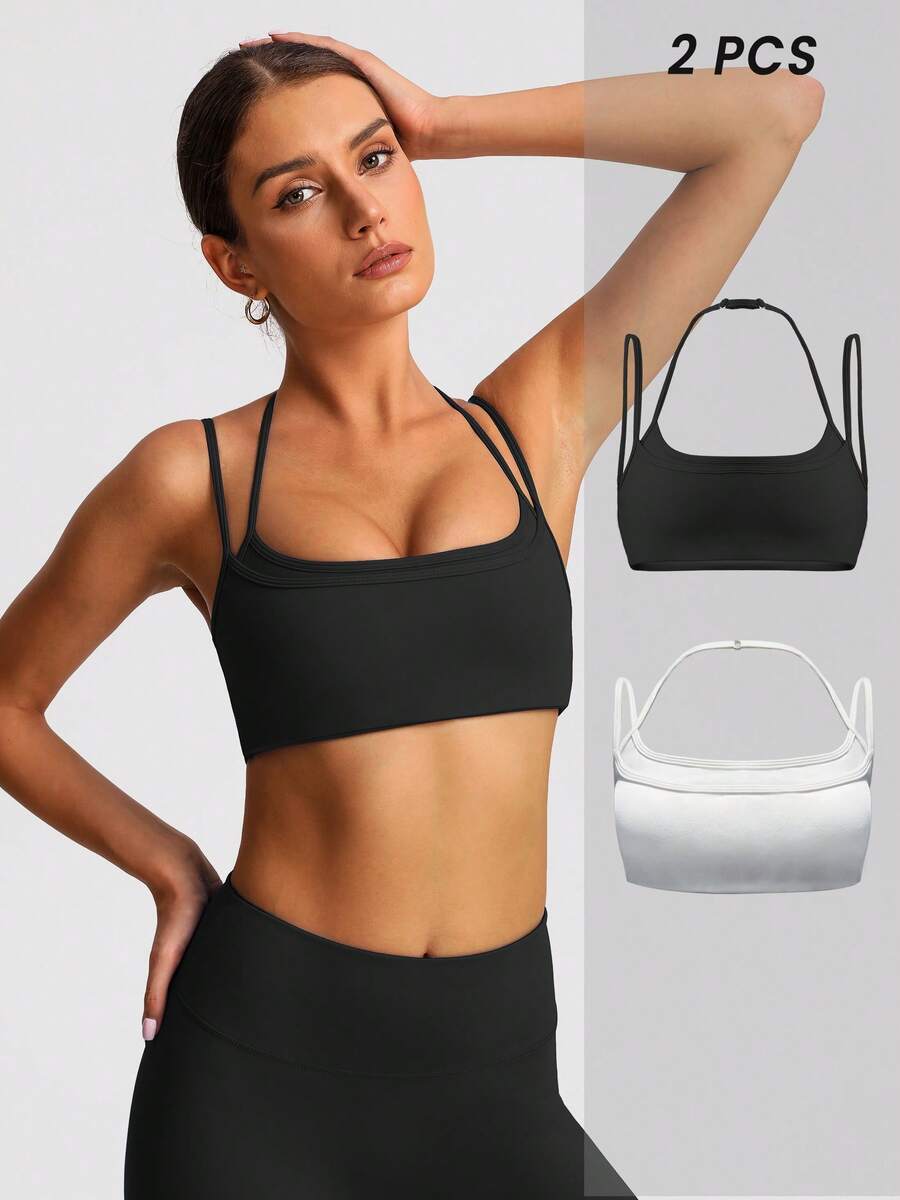 Women's Halter Neck Multi-Shoulder Adjustable Straps Double Layer Beauty Back Yoga Fitness Sports Bra - 彩色 - 查看 1