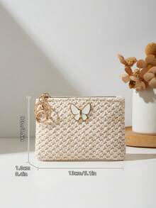 时尚新款草编包蝴蝶结口红包零钱包女士钱包迷你钱包秋季零钱包钱夹 - 米色 - 查看 4