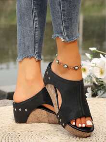 2025 New Wedge Women's Slip-On Sandals Fashionable And Versatile Retro With Metal Buckle Straps, Faux Cover Summer Casual Heels Black, Brown Gold Tone, Comfortable Rubber Soles, Suitable For Casual Outfits, Comfortable Heels|Sheer Toe Sandals|Platform Sandals, High Heeled Sandals - 黑色 - 查看 5