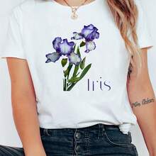 Women's 180g Cotton T-Shirt, White With Iris Floral Print, Round Neck, Short Sleeves, Casual T-Shirt Perfect For Spring And Summer, Cool And Comfortable Style, Ideal For A Relaxed Look, Soft And Durable Fabric. - White - View 10