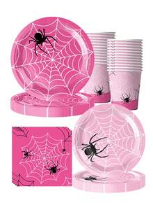 10 piezas Vajilla desechable de araña rosa de 7/9 pulgadas, bandeja redonda desechable para postres, vasos de papel, servilletas, adecuado para fiesta con tema de araña, fiesta de cumpleaños, fiesta familiar, fiesta con amigos, suministros para cena
