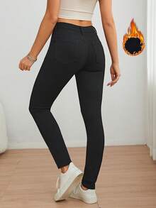 女士冬季休闲水洗黑色修身牛仔裤，加长保暖内衬，高弹力裤型，适合冬季穿着 - 黑色 - 查看 2