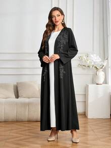 Women's Elegant Solid Black Long Sleeve Cardigan Abaya With Rhinestone Pattern, Versatile For Daily Wear - Black - View 3