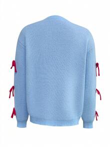 2025秋冬新款休闲时尚复古别致字母印花蝴蝶结圣诞毛衣女式休闲日常套头衫秋冬万圣节圣诞节新年造型女式冬季毛衣 - 藍色 - 查看 4