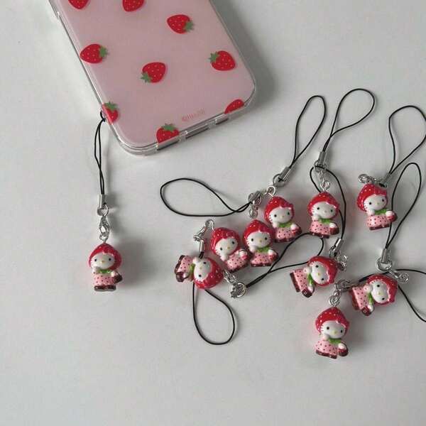 Sanrio 1PC Cute Strawberry Cat Mobile Phone Pendant, Fun DIY Backpack Pendant, Key Chain Decoration, Party Key Ring Gift Bag, Suitable As A Friend's Birthday Gift