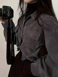 韩版时尚新款复古简约翻领长袖女衬衫外套秋冬 - 灰色 - 查看 3