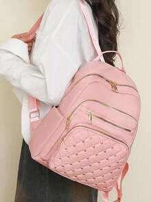 双肩包女新款菱格大容量旅行时尚全包休闲包牛津布女背包 - 粉色 - 查看 6