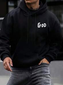 Sudadera con capucha de forro polar con estampado de letra 'Dios' para hombres - Sudadera casual negra, ajuste holgado, bolsillo delantero, poliéster ligero, lavar a mano o en, adecuada para uso casual, sudadera con capucha - Negro - Ver 3