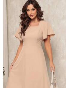 Women's Short Sleeve Princess Elegant Midi Dress - Bege - 查看 4