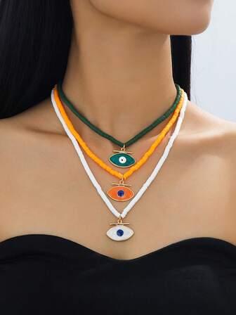 可调节粗链沙滩夏季彩色贝壳珠复古多层吊坠邪眼项链女士月亮星星吊坠颈链波西米亚时尚首饰礼物