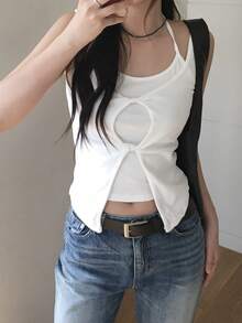 女士二合一吊带无袖扭结镂空开衩设计背心休闲白色夏季 - 白色 - 查看 5