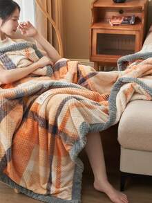 1pc Plaid Jacquard Trim Velvet Warm Thick Blanket, Soft & Skin-Friendly, Multi-Size & Multi-Purpose For Office, Living Room, Bedroom