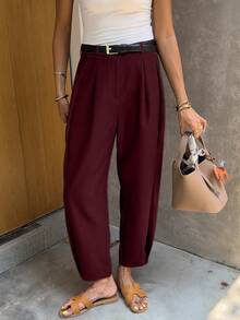 Women's Casual Solid Color Loose Pleated Lantern Harem Pants, Ankle Length, Without Belt Spring - Burgundy - View 4