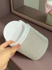 1pc Rhinestone Decorated Desktop Makeup Trash Can, Rotating Lid Desk Organizer Suitable For Vanity, Bedroom, Office, Shines In Sunlight Bag, Room Decor, Bags, Makeup Bag, Vanity, Travel, Make Up Bag, Organizer, Storage, Travel Essential, Makeup Organizer, Makeup Bags, Toiletry Bag, Desk Organiser, Cosmetic Bag, Makeup Pouch, Make Up Organizer, Vanity Accessories, Make Up Pouch, Make Up Bags, Jewellery Box, Pouch, Makeup Brush Holder, Brush Holder, Perfume Organiser, Pouch Bag, Gifts For Women, Christmas Gifts, Gift Ideas For Women - White - View 3