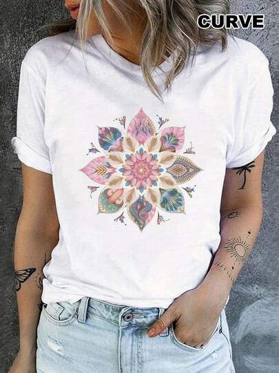 Women's T-Shirt 180g Floral Mandala Design, Round Neck, Cotton, Short Sleeve, Pure White Color, Casual And Chic Style For Daily Wear, Spring Summer Fashion, Light And Comfortable Blouse Ideal To Combine With Jeans Or Skirts, Curve Sizes Available