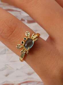 Exquisite Adjustable Mini Crab Shaped Ring, Designed Specifically For Women, Cute Retro Summer Beach Style, Inlaid With Moonstones, Presenting A Light Blue Animal Pattern, Suitable For Daily Wear And Party Occasions, Is An Ideal Gift For Friends - Màu xanh lam - Xem 11