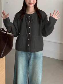 Alicedudu 女士秋冬柔软韩版系带蝴蝶结厚款宽松开衫毛衣 - 深灰色 - 查看 5