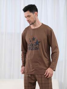 2 Stücke Herren Strick Pyjama Set, Langarm Hemd und lange Hose, kariertes Muster, lässige Loungewear
