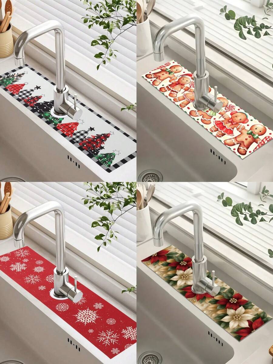 1Pc Christmas Sink Faucet Absorbent Pad,Merry Christmas Dish Drying Mat Including Snowflake,Red White Floral,Gingerbread Man And Christmas Tree Style,10*38/14*60cm Durable And Absorbent Sink Surround Cover,Bathroom And Kitchen Faucet Mat,Christmas Decorations For Home,Xmas Party Decor,Christmas Party Favors,Winter Decorations,Ideal Christmas Decoration Gift,Countertop Protector, Kitchen Sink Mat,Washbasin Protector - Multicolor - View 1