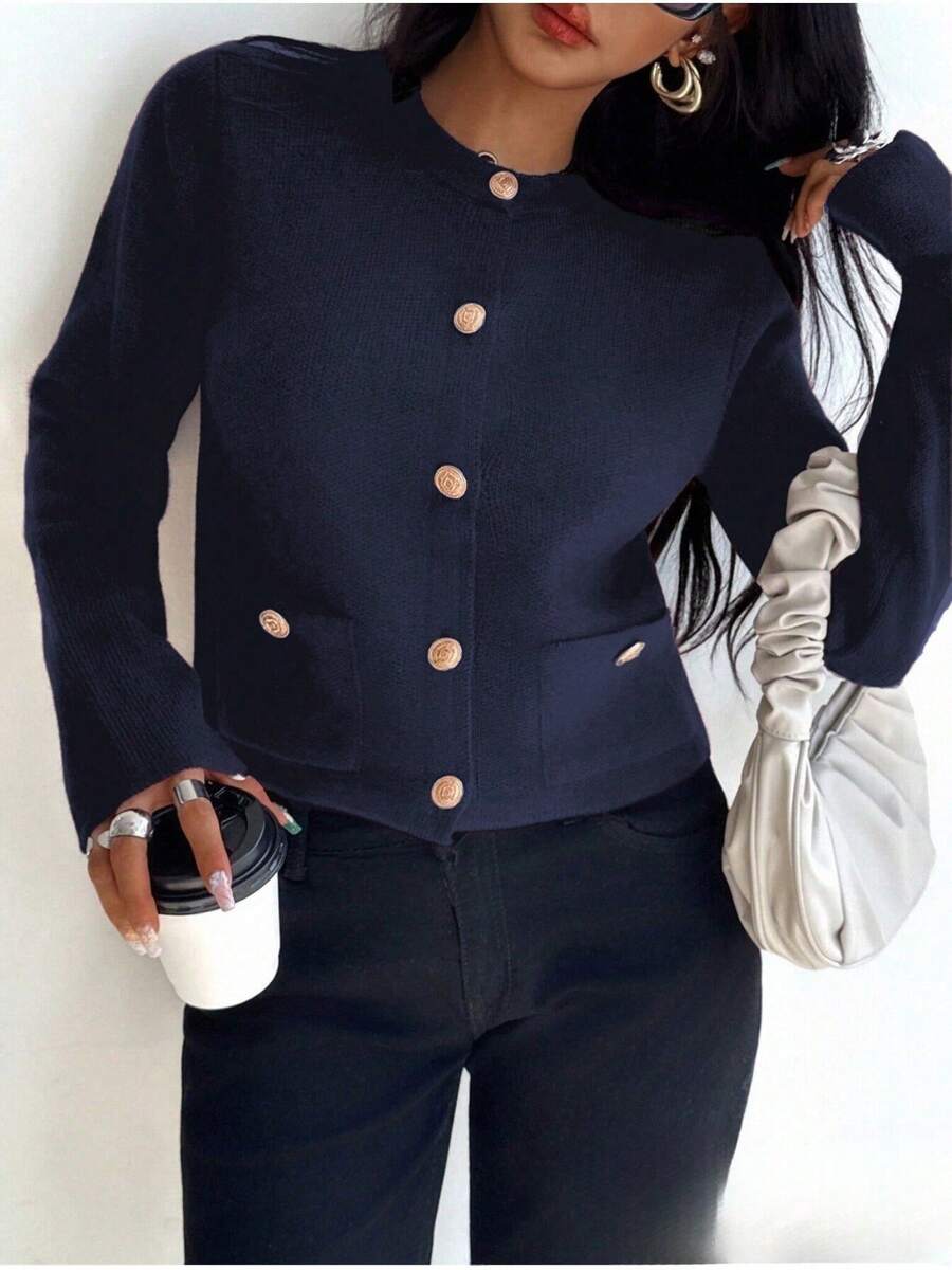 DEEKA Women's Fashionable Casual Minimalist Gold Button Accent Knit Cardigan, Spring/Autumn - Navy Blue - View 1