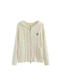 Retro American Style Hooded Knit Cardigan, Double Zipper Cable Knit Sweater Jacket, Lazy College Casual Top For Early Spring