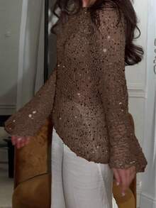 Áo khoác dáng rộng tay cánh dơi bằng vải lưới rỗng đính sequin Yuwenier gợi cảm, thích hợp cho các buổi tiệc khiêu vũ, dành cho nữ. - màu nâu - Xem 3