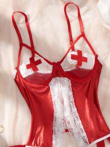Women's Lingerie Sexy,PU Bandage,Sleeveless,Bow,With Underwire,Sweet Nurse Cosplay Bodysuit,Christmas Lingerie. - Red - View 11