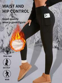 1 件秋冬保暖瑜伽裤，修身腰部休闲瑜伽运动紧身裤，带侧袋