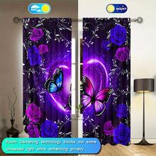 2 Pieces Set Fantasy Purple Butterfly Print Curtain Semi-Blackout Decor Window Treatment Living Room Bedroom Office Home Drapes, Polyester Floral & Butterfly Print Anti-UV And Insulation, Room Decor - Purple - View 5