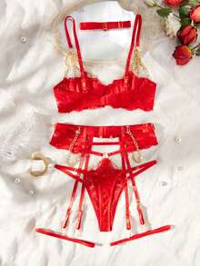 Woman Sexy Lingerie Metal Chain Bra Set Women Red Lace Push Up Bra Hollow Out Garter Belt 4 Piece Erotic Set - 紅色 - 查看 5