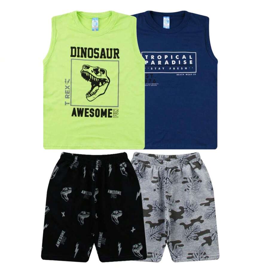 Kit 4 PEÇAS infantil para Meninos Verão –  2 Camisetas  Regata + 2 Bermudas - Multicolorido - Visão 1