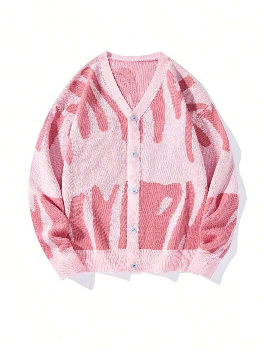 Manfinity Hypemode Men's Color-Block Button-Up Long Sleeve Cardigan Sweater - Pink - View 1