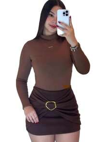 Shorts Set With Buckle And Long Sleeve Bodysuit With High Neck, Elegant And Casual, Nightclub Party - 鏽棕色 - 查看 2