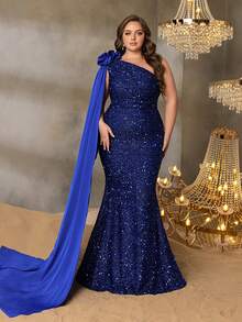 Faeriesty Curve Plus ELegant Sequin Off-Shoulder Mermaid Evening Gown With Organza-Trimmed Shoulders | Luxe Formal Design | Perfect For Weddings, Galas, Award Ceremonies, And Black-Tie Events - Royal Blue - View 6