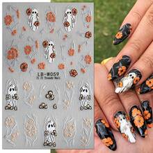 5-Pack 3D Halloween Nail Art Stickers And Decals - Cartoon Ghosts, Skulls & Floral Patterns, Plastic Self-Adhesive Nail Embellishments, Glass Surface Compatible, Single-Use Matte Fantasy Theme Nail Decor With Irregular Shapes And Embroidered Detail - Multicolor - View 3
