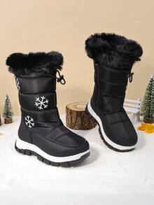 儿童冬靴，女童厚毛绒中筒雪地靴，厚底防滑可爱保暖鞋 - 黑色 - 查看 3