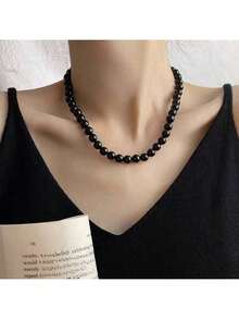 1pc 8mm Mysterious High-End Agate Beaded Necklace, Suitable For Daily Wear And Parties - Black - View 3