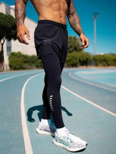 1 件男士运动裤，四季健身二合一裤，防暴露，弹性衬里带口袋，跑步印花