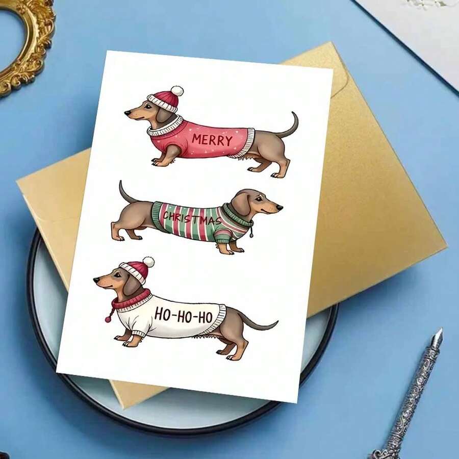 Dachshund Christmas Greeting Card, Cartoon Dog Holiday Wishes, Festive Season Paper Card For Anyone, Single Pack