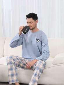 QIANNIANMA Herren Rundhals Langarm & Hose Pyjama Set, bequemer & hautfreundlicher Stil Pyjamas für gemütliche Freizeitkleidung für Herren