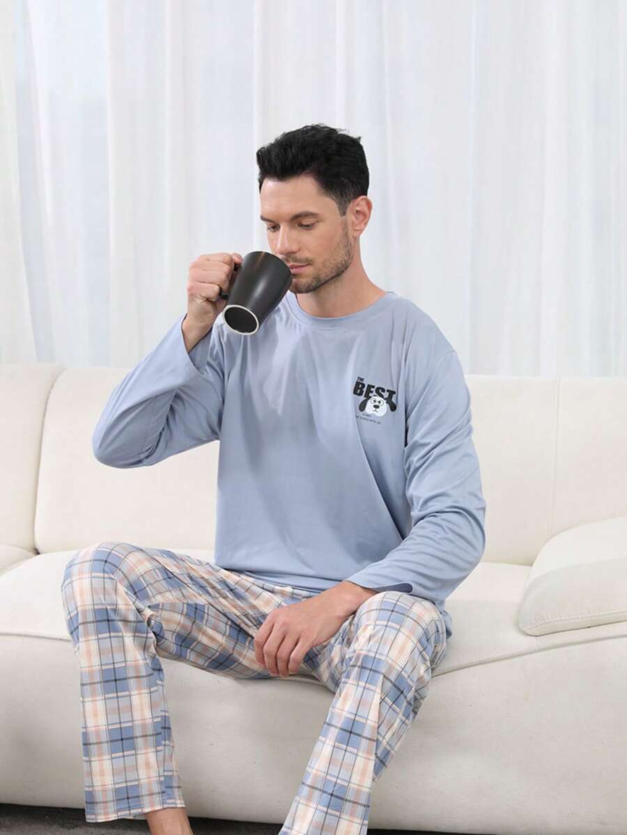 QIANNIANMA Herren Rundhals Langarm & Hose Pyjama Set, bequemer & hautfreundlicher Stil Pyjamas für gemütliche Freizeitkleidung für Herren