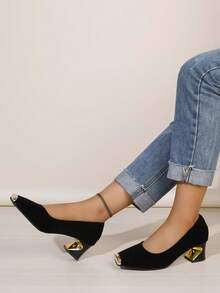 2025 einfarbige modische PU-Leder-Schuhe mit reinem Metall, quadratischer Zehenpartie, für das Büro, ganzjährig - Schwarz - Übersicht 4