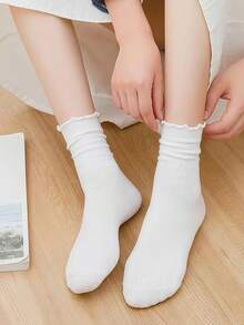 1 Pair/3 Pairs/6 Pairs Japanese Style Ruffle Socks, Cute Women Socks, Fresh Lace Trim Socks, Ruffle Decor Short Socks, White Ruffle Trim Casual Mid-Calf Socks - Multicolor - View 10