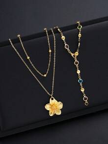 2 pièces Pendentif floral minimaliste à la mode, collier Y avec cristaux colorés brillants. Collier superposé pour femmes, convient pour les vacances, les rendez-vous, les fêtes, les festivals, les anniversaires et le port quotidien - Or jaune - Voir 4