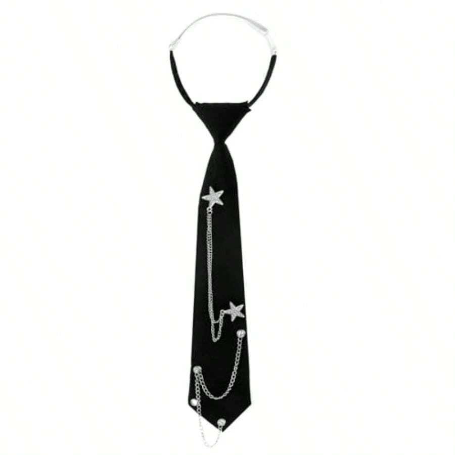 Womens Black Tie PreTied Womens Tie With Metal Chain Accessories Adjustable Reusable 13in X 2.64in 33cm X 6.7cm Necktie For Business And Wedding - 如圖 - 查看 1