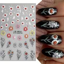 5-Pack 3D Halloween Nail Art Stickers And Decals - Cartoon Ghosts, Skulls & Floral Patterns, Plastic Self-Adhesive Nail Embellishments, Glass Surface Compatible, Single-Use Matte Fantasy Theme Nail Decor With Irregular Shapes And Embroidered Detail - Multicolor - View 5