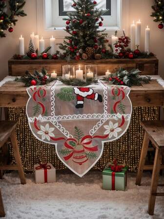 1 st julbordlöpare med blommiga band, julklockor, julgranar och jultomtemotiv - Polyesternättyg, röd och vit juldekoration - Lämplig för kök, matsalar, fester, jul, inomhus-/utomhusbruk - Flera storlekar tillgängliga - Julborddekoration