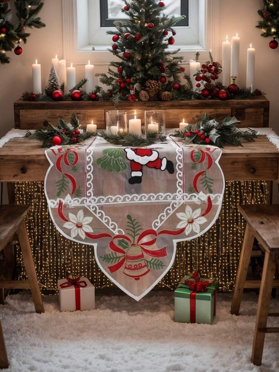 1 buc. Șervețel de masă de Crăciun cu panglici florale, clopoței de Crăciun, brazi de Crăciun și design cu Moș Crăciun - țesătură din plasă de poliester, decor de sărbători roșu și alb - potrivit pentru bucătării, sufragerii, petreceri, Crăciun, utilizare în interior/exterior - disponibile în mai multe dimensiuni - decor de masă de Crăciun