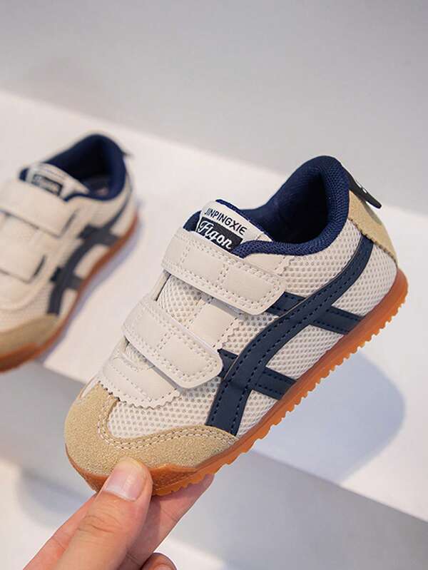 1 Pair Beige Toddler Kids' Sports Shoes, Soft & Comfortable Leather & Mesh Material, Dual Hook And Loop Design, Round Toe, Anti-Kick, Non-Slip Sole, Fashionable Casual Sneakers, Suitable For Babies Boys & Girls, Everyday Wear, Autumn/Winter